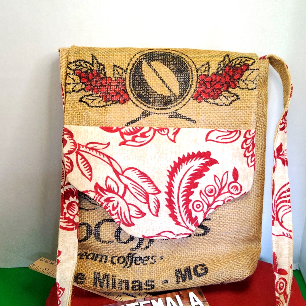 NWOT crossbody bag made from burlap coffee bag.